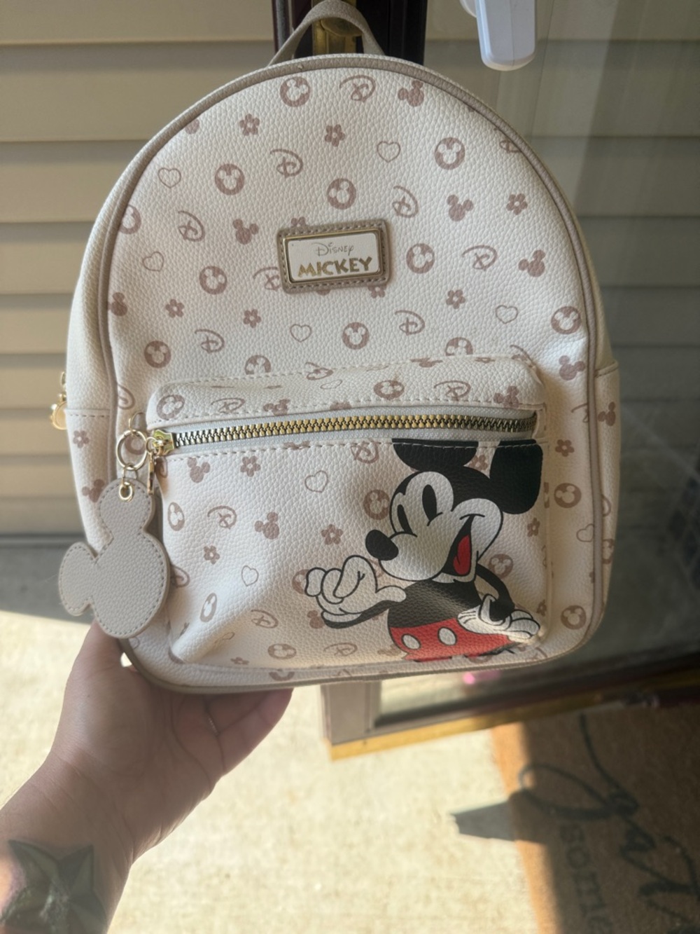Disney Cream and Brown Mickey Patterned Mini Backpack